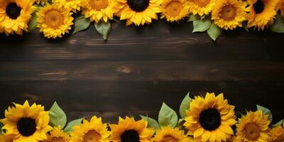 Sunflower on wooden background, space for text. Generative AI photo