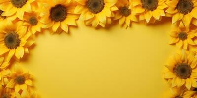 Sunflowers on a yellow background, space for text. Harvest. Generative AI photo