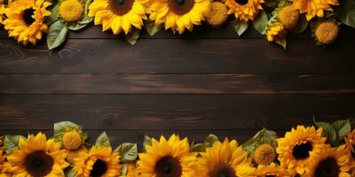 Sunflower on wooden background, space for text. Generative AI photo