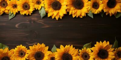 Sunflower on wooden background, space for text. Generative AI photo