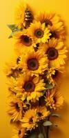 fresh sunflowers with leaves on stem on a bright yellow background. harvest time. Generative AI photo