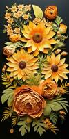 Sunflowers on a dark background.Paper flower illustration, paper technique. Generative AI photo