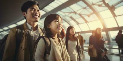 Happy family travelers at the airport. Generative AI photo