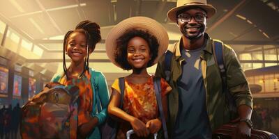 African family at the airport. Generative AI photo