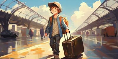 cute little boy at the airport, vacation and travel theme. Generative AI photo