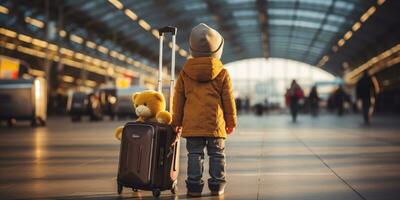 cute little boy at the airport, vacation and travel theme. Generative AI photo