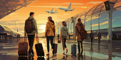 familia a el aeropuerto, vacaciones y viaje tema. generativo ai foto