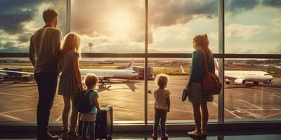 familia en el aeropuerto, vacaciones y recreación. generativo ai foto