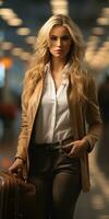 Blonde girl at the airport. Traveler woman. Generative AI photo