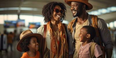 happy african family on vacation. People the airport. Generative AI photo