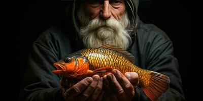 pescado en manos cerca hasta el tema de pesca. generativo ai foto