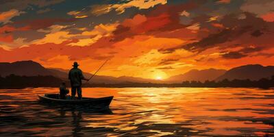 A man in a boat is fishing on the lake against the backdrop of sunset. Generative AI photo