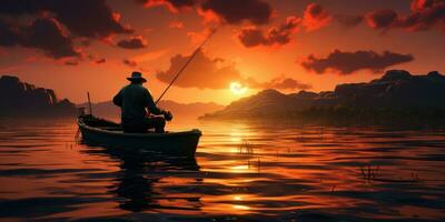 A man in a boat is fishing on the lake against the backdrop of sunset. Generative AI photo