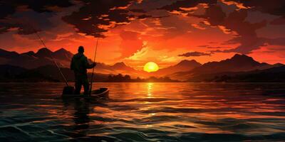 A man is fishing on the lake against the backdrop of sunset. The theme fishing. Generative AI photo