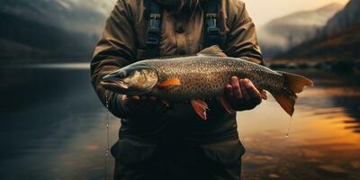 Fish in the hands on the background of river. The theme of recreation and fishing. Generative AI photo