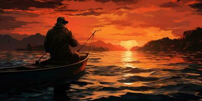 A man in a boat is fishing on the lake against the backdrop of sunset. Generative AI photo