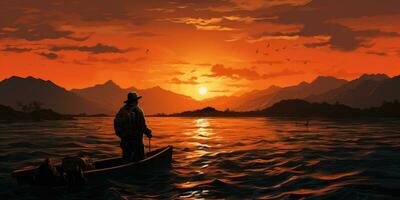 A man in a boat is fishing on the lake against the backdrop of sunset. Generative AI photo