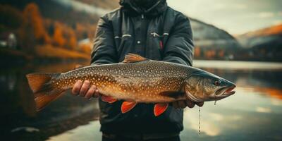 pescado en el manos en el antecedentes de río. el tema de recreación y pesca. generativo ai foto