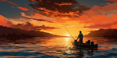 A man in a boat is fishing on the lake against the backdrop of sunset. Generative AI photo