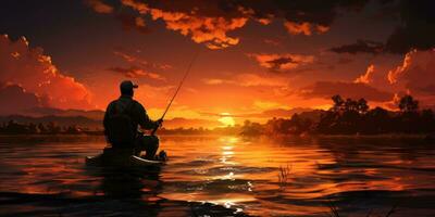 A man in a boat is fishing on the lake against the backdrop of sunset. Generative AI photo