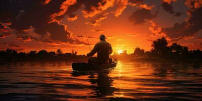 A man in a boat is fishing on the lake against the backdrop of sunset. Generative AI photo