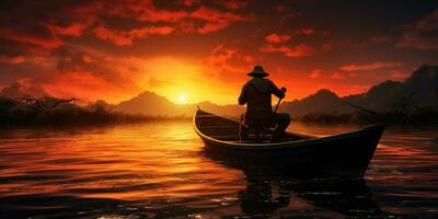 A man in a boat is fishing on the lake against the backdrop of sunset. Generative AI photo