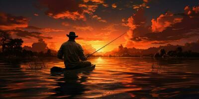 A man is fishing on the lake against the backdrop of sunset. The theme fishing. Generative AI photo