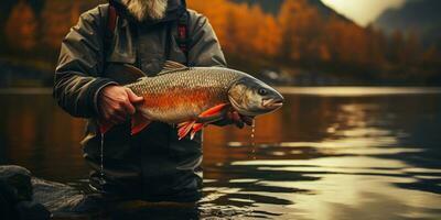 Fish in the hands on the background of river. The theme of recreation and fishing. Generative AI photo