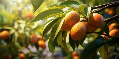 Close-up of mangoes hanging mango farm, agricultural industry concept. Generative AI photo