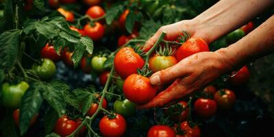 Picking tomatoes an eco-friendly organic farm. Tomatoes in the hands of a farmer. Generative AI photo