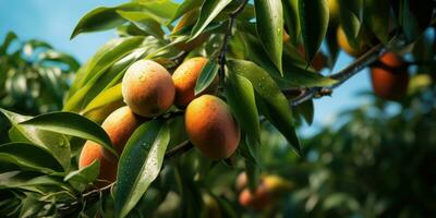 Close-up of mangoes hanging mango farm, agricultural industry concept. Generative AI photo