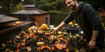 A man composts food waste in his garden. Ecological use of food. Generative AI photo