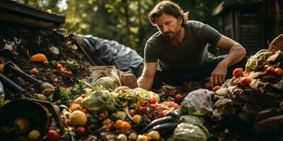 A man composts food waste in his garden. Ecological use of food. Generative AI photo