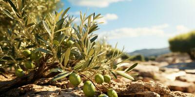 Green ripe olives on the branch tree. Generative AI photo