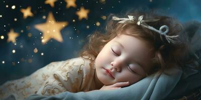 pequeño linda bebé duerme en su cama. el tema de Sueños. generativo ai foto