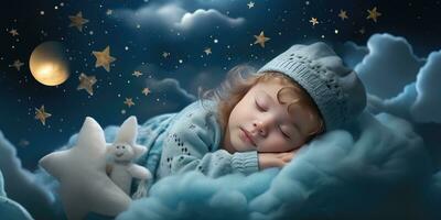 pequeño linda bebé duerme en su cama. el tema de Sueños. generativo ai foto