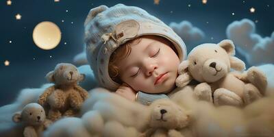 pequeño linda bebé duerme en su cama. el tema de Sueños. generativo ai foto