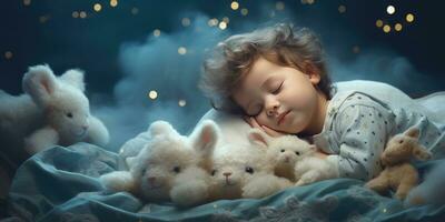 pequeño linda bebé duerme en su cama. el tema de Sueños. generativo ai foto