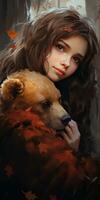 Girl hugging a bear, animal protection theme. Generative AI photo
