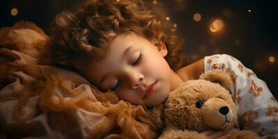 un pequeño niño abrazos un osito de peluche oso en un sueño. generativo ai foto