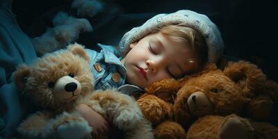 A small child hugs a teddy bear in a dream. Generative AI photo