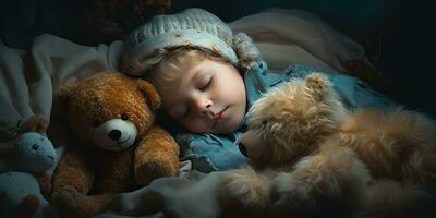un pequeño niño abrazos un osito de peluche oso en un sueño. generativo ai foto