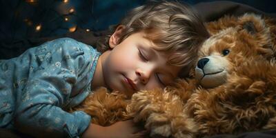 A small child hugs a teddy bear in a dream. Generative AI photo