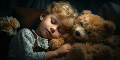 A small child hugs a teddy bear in a dream. Generative AI photo