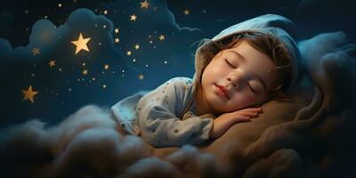 pequeño linda bebé duerme en su cama. el tema de Sueños. generativo ai foto