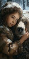 niña abrazando un oso, animal proteccion tema. generativo ai foto