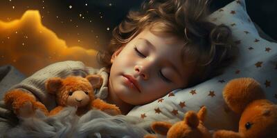 pequeño linda bebé duerme en su cama. el tema de Sueños. generativo ai foto