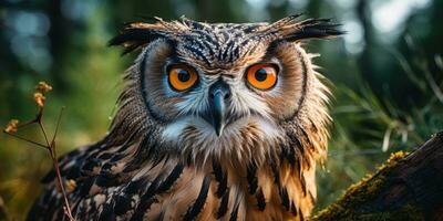 Close-up photo of an owl. Bird in the forest. Generative AI