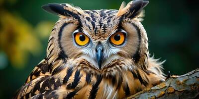 Close-up photo of an owl. Bird in the forest. Generative AI