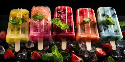 Fruta paleta de hielo en un oscuro fondo, jugoso frutas generativo ai foto